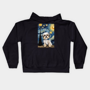 Shih Tzu Dog Breed Painting in a Van Gogh Starry Night Art Style Kids Hoodie